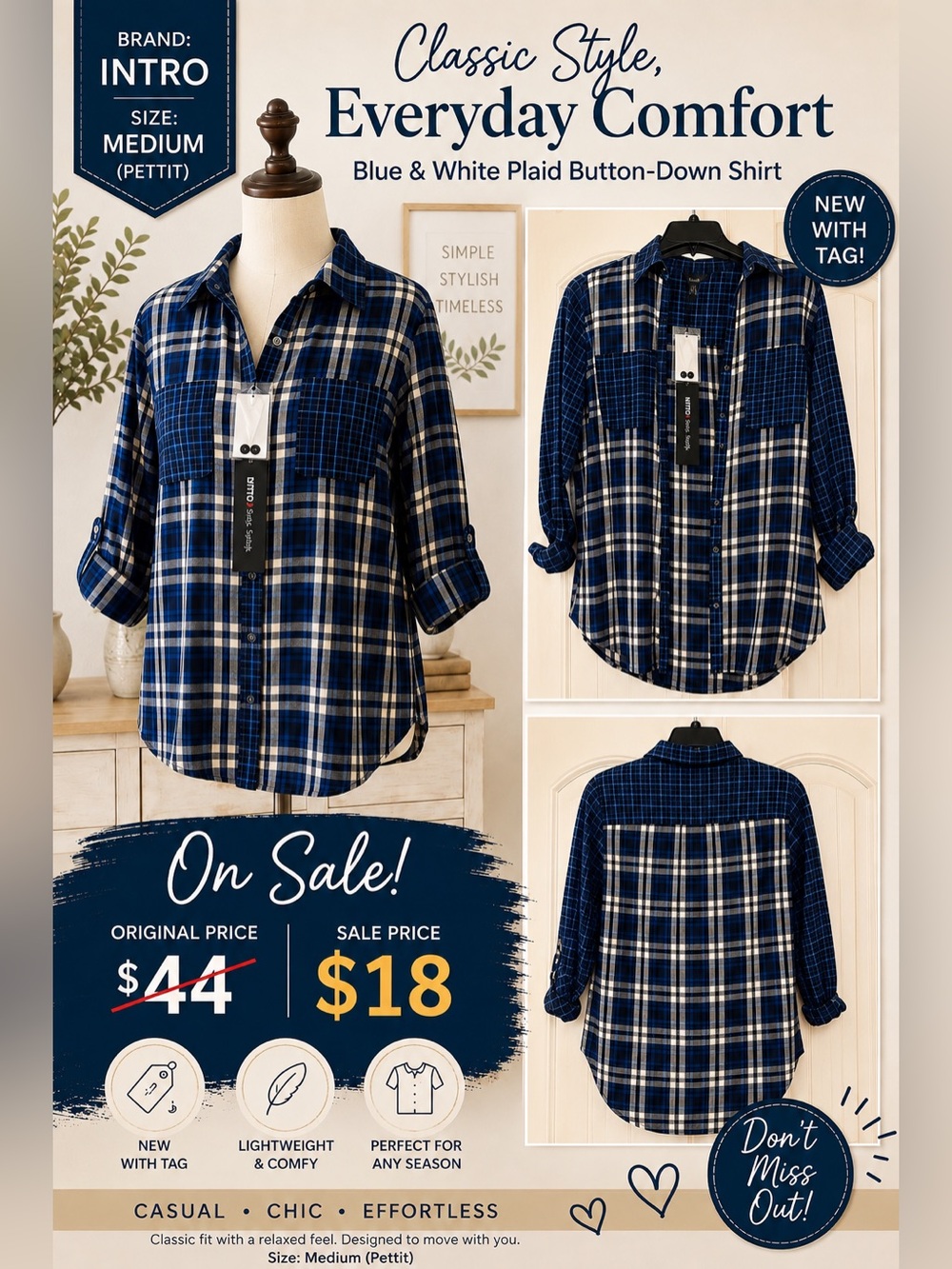 intro. Blue and White Plaid Button-Up Shirt